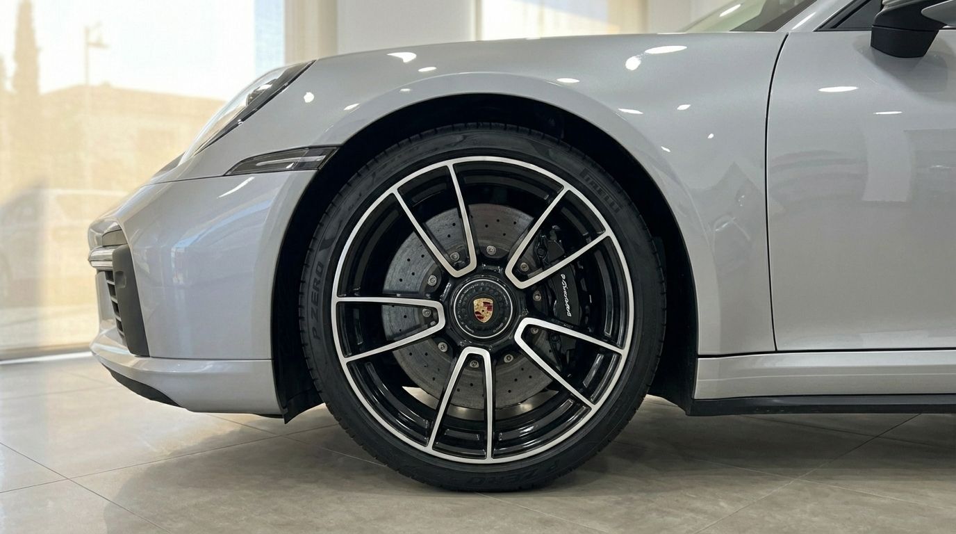 The image shows the front quarter of a silver Porsche 911 Turbo S Cabriolet, highlighting its black multi-spoke wheel and brake system in Barcelona.