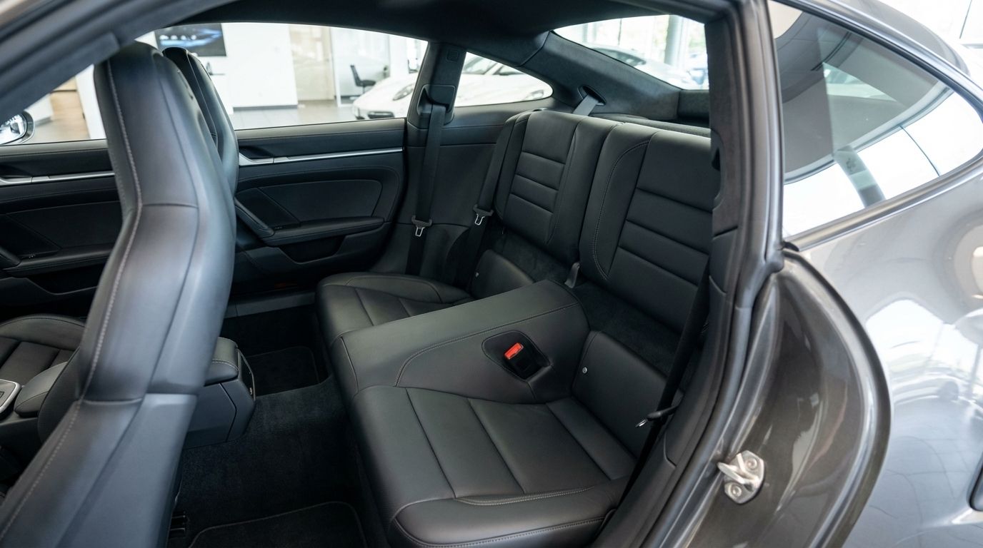 Los asientos traseros de cuero negro y el interior de un Porsche 911 Turbo S Cabrio 992 de 2023 en Madrid.