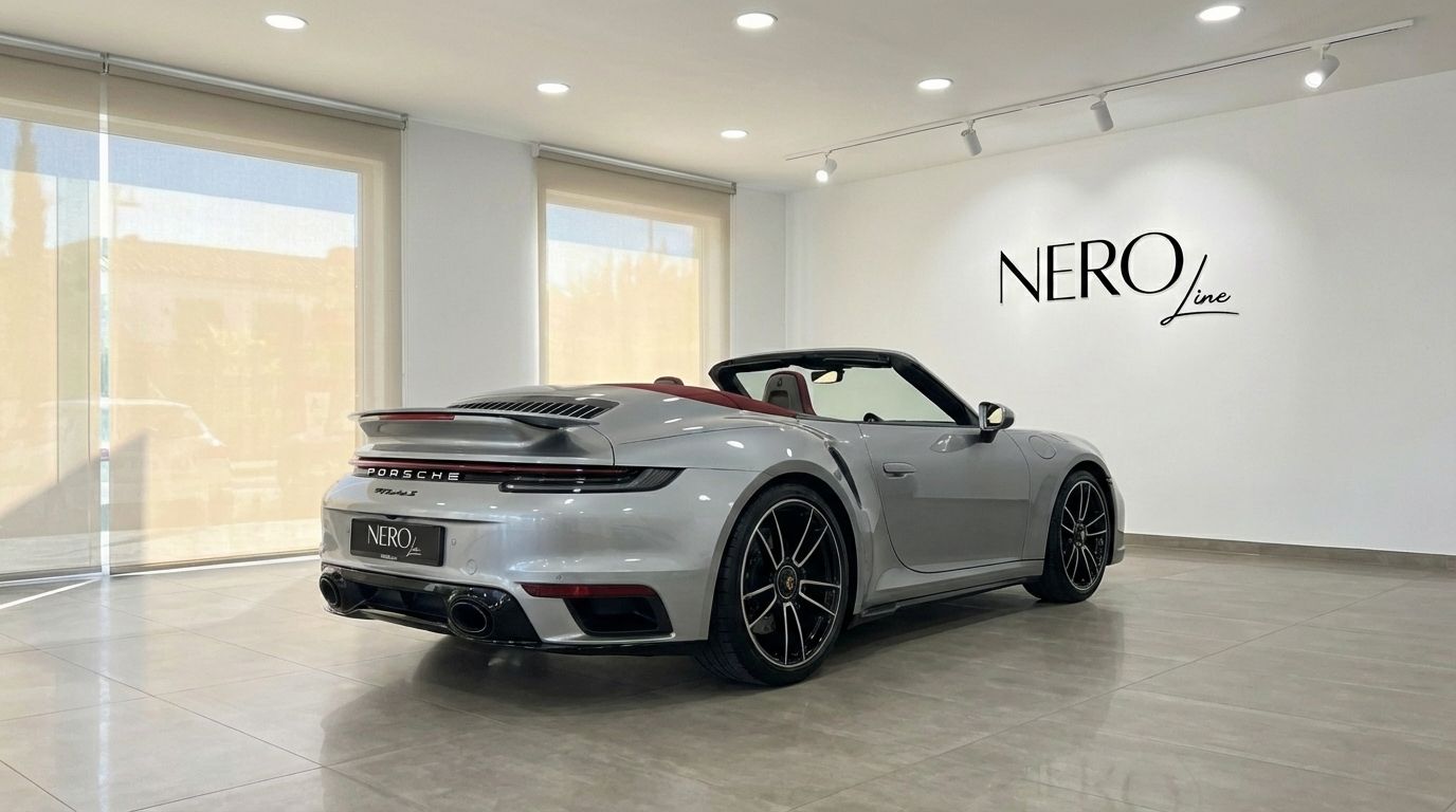 The silver 2023 Porsche 911 Turbo S Cabriolet, with its red interior, is seen from the rear three-quarter angle in a Barcelona showroom.