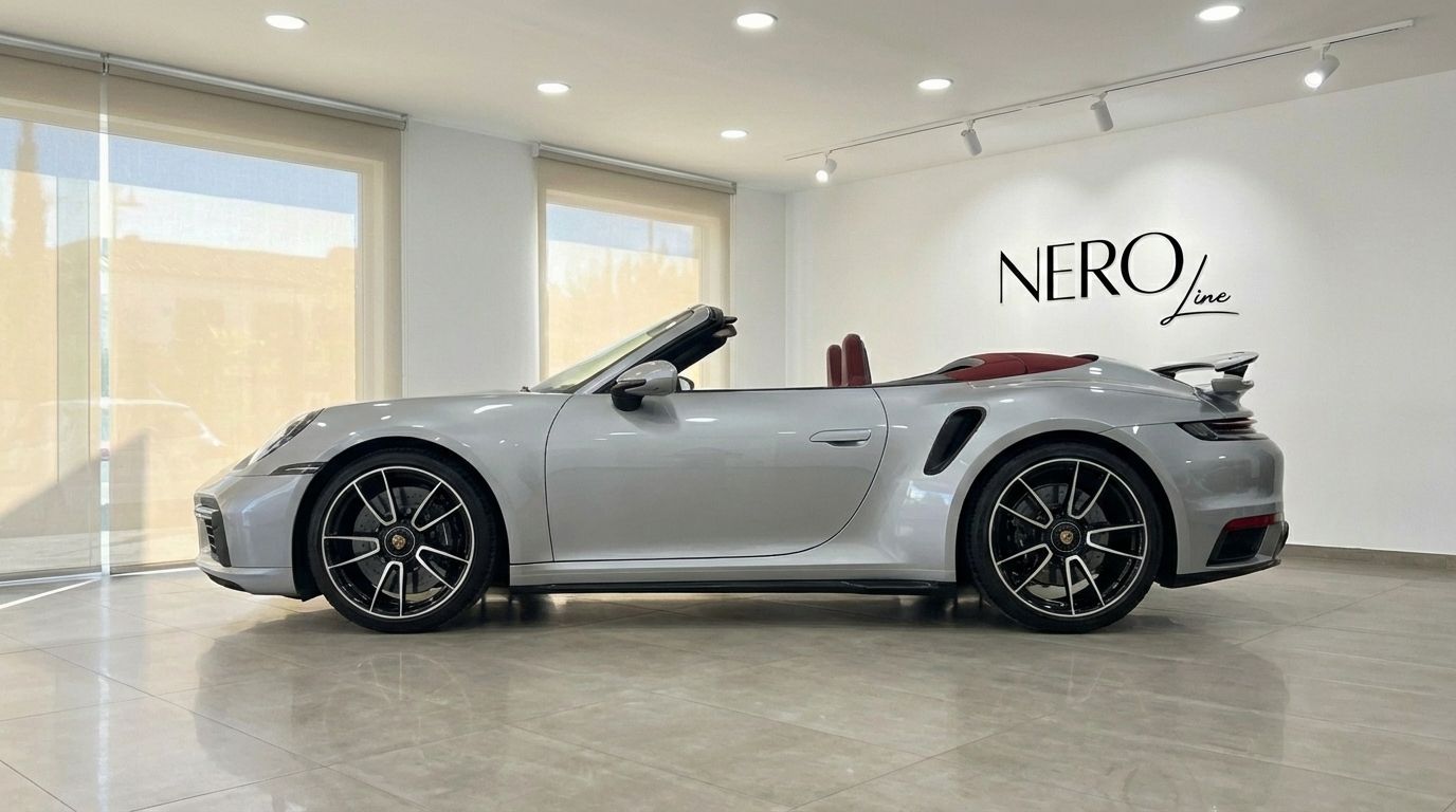 The silver Porsche 911 Turbo S Cabriolet with its red interior is parked in a bright showroom in Barcelona.