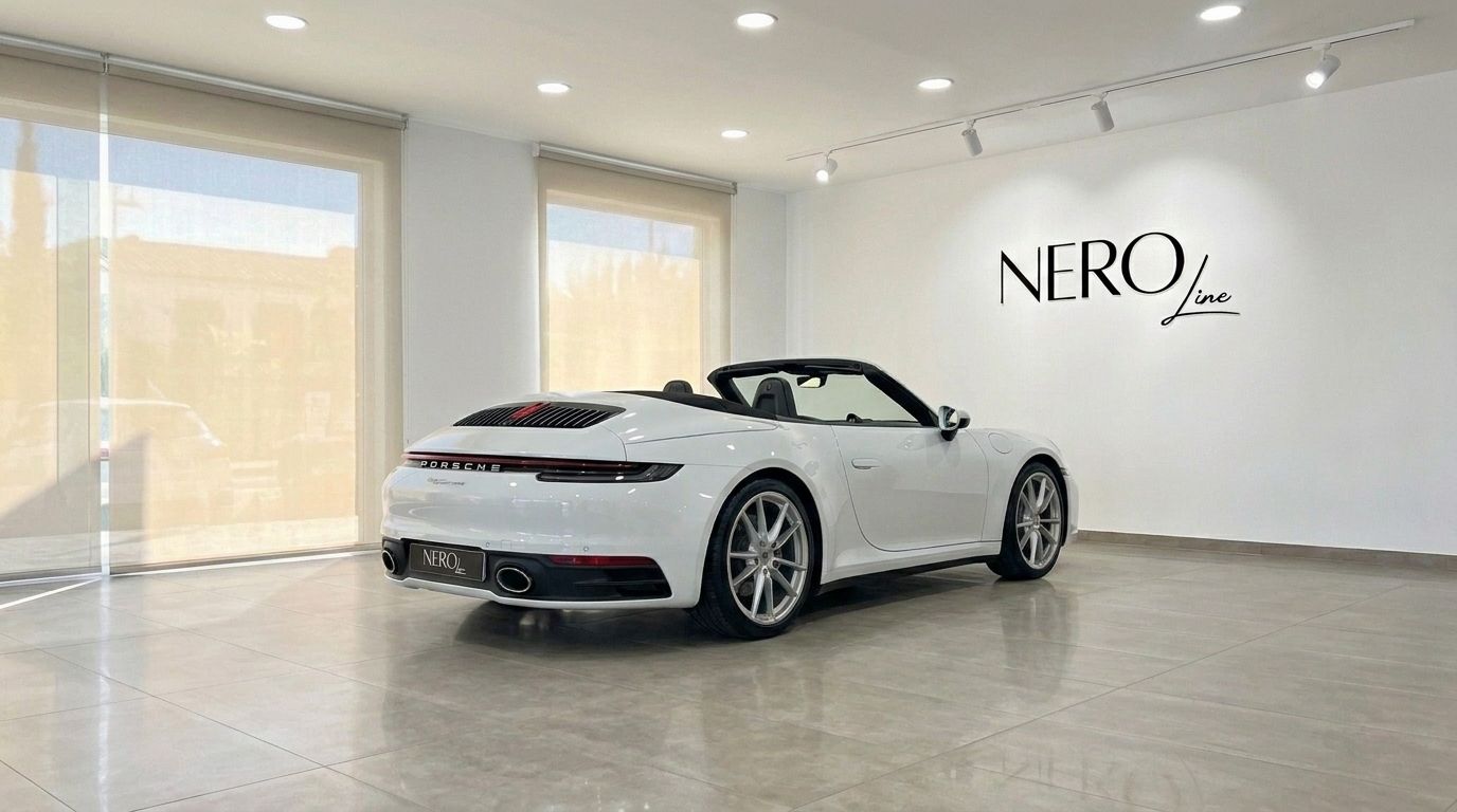 The white Porsche 992 Carrera Cabrio is showcased from a rear three-quarter angle with its top down in a bright showroom in Mallorca.