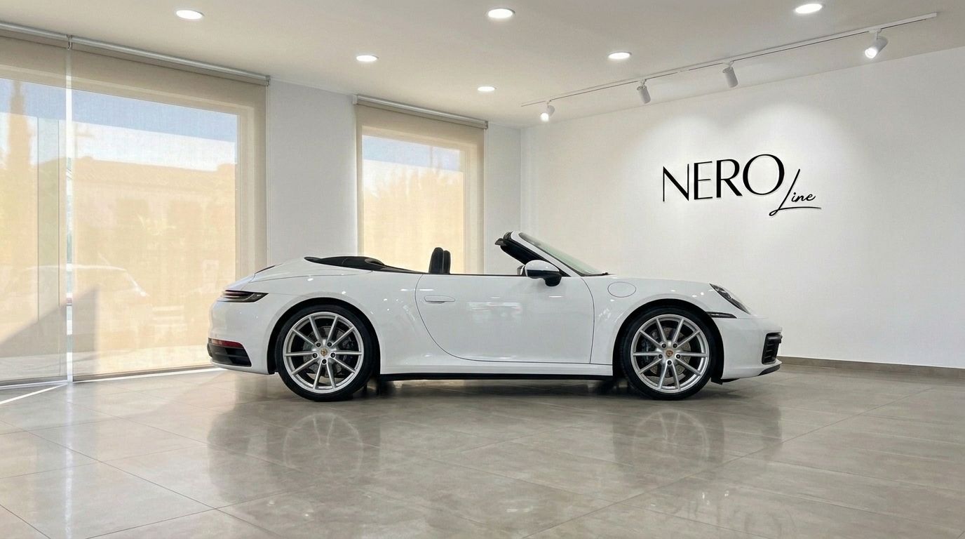The white Porsche 992 Carrera Cabrio is showcased from a side view in a modern showroom in Mallorca.