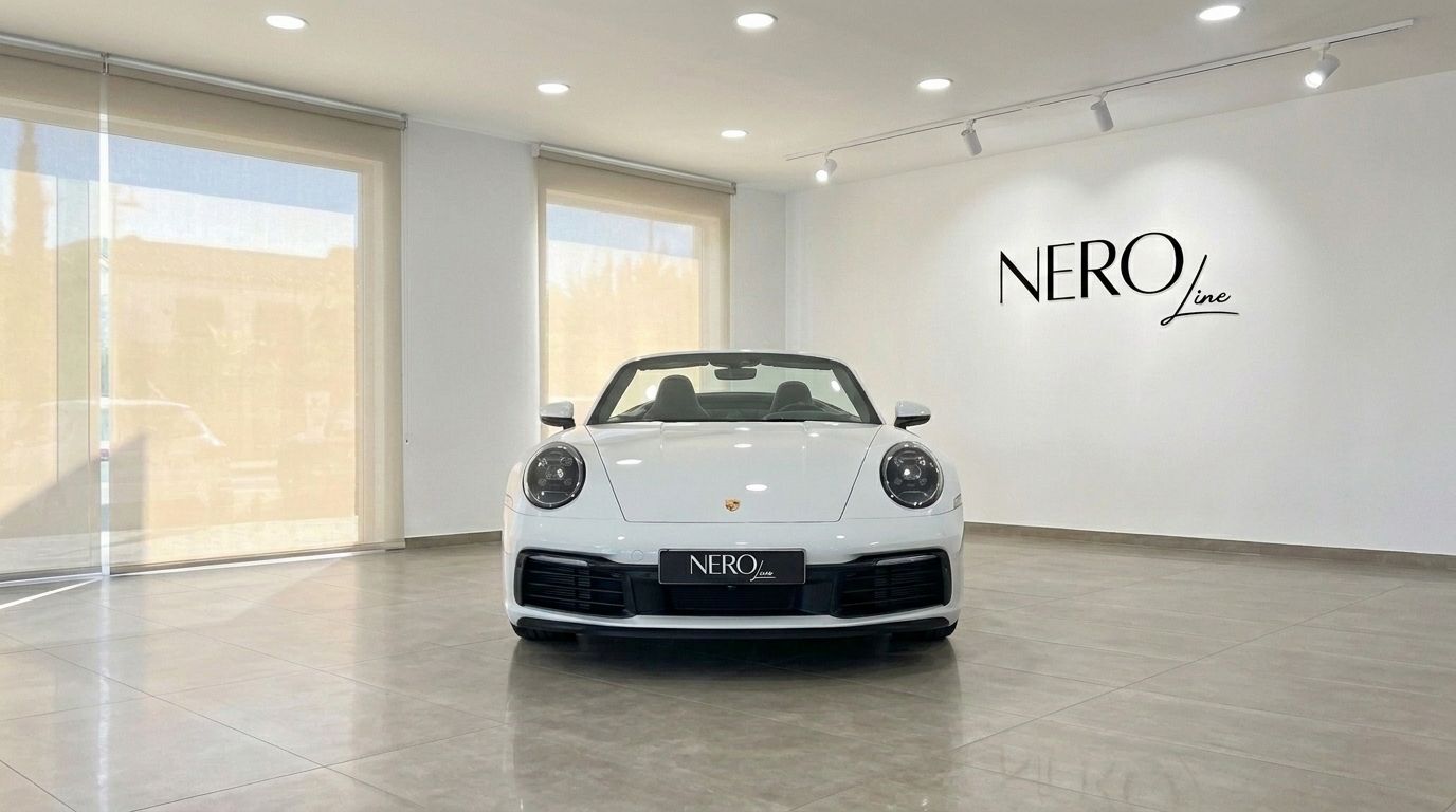 A white Porsche 992 Carrera Cabrio, with its convertible top down, is parked front-facing in a modern showroom.