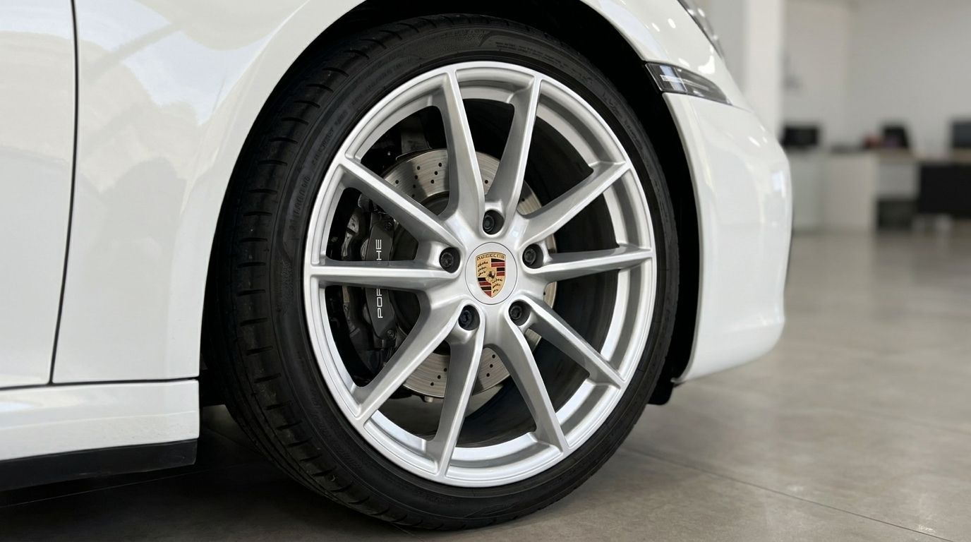 Detailed view of the Porsche 992 Carrera Cabrio's silver multi-spoke wheel, brake caliper, and white front fender in Mallorca.