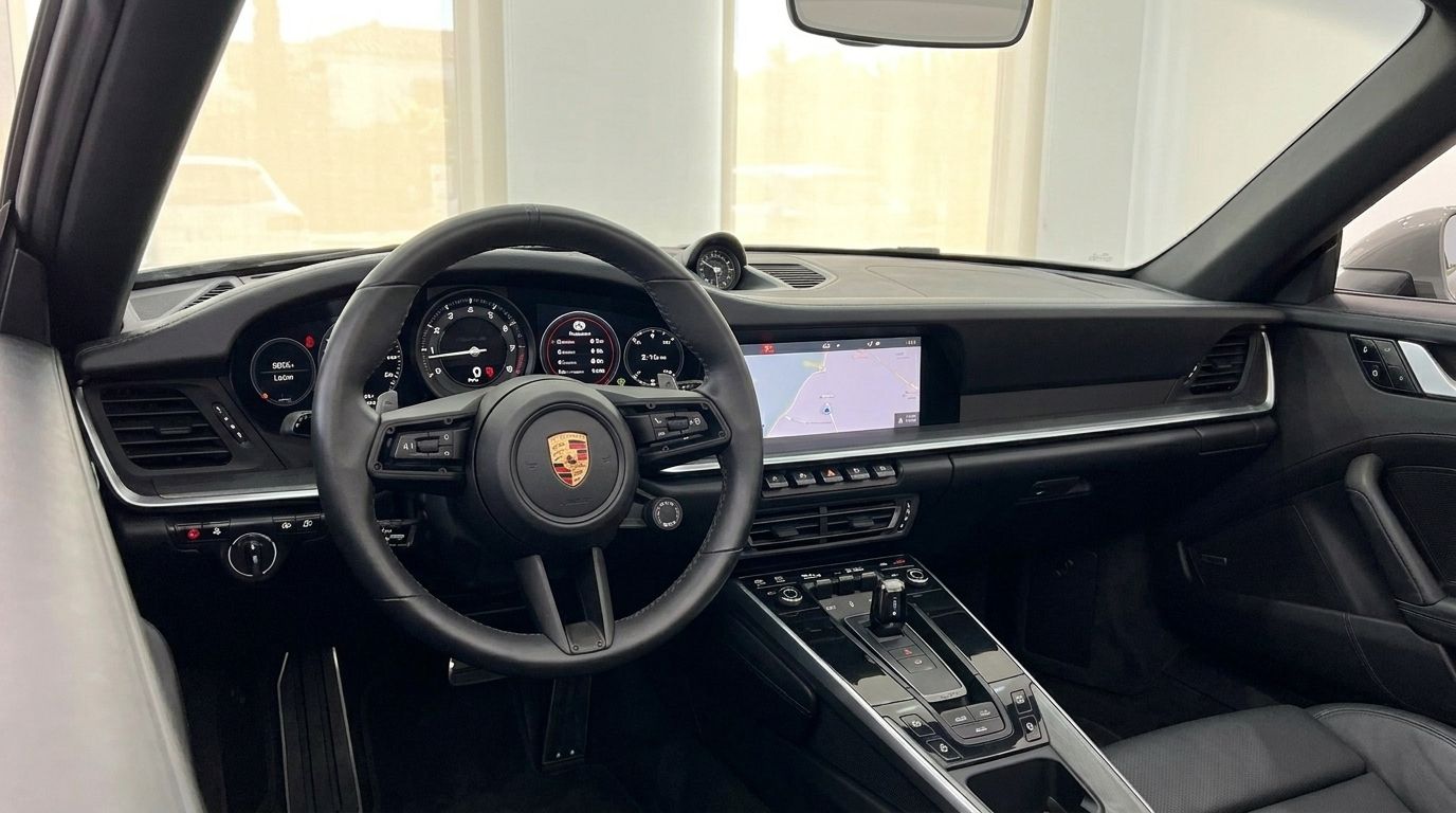 The luxurious interior of the Porsche 992 Carrera Cabrio in Mallorca, featuring the steering wheel, dashboard, and infotainment system.