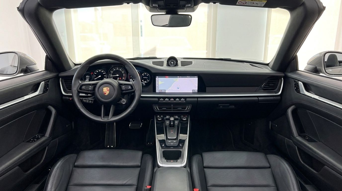 The luxurious black leather cockpit and dashboard of the Porsche 992 Carrera Cabrio in Mallorca, featuring the steering wheel and infotainment screen.