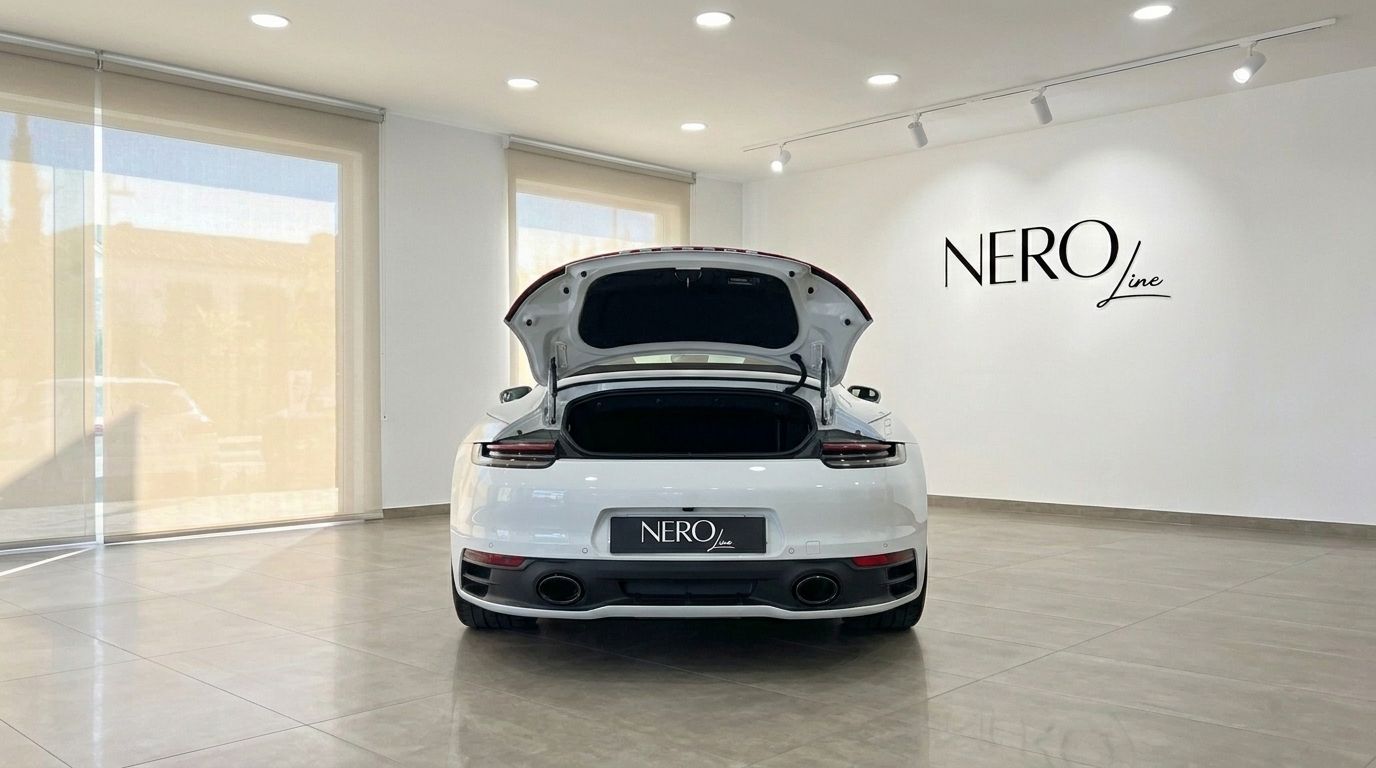The white Porsche 992 Carrera Cabrio is parked in a showroom in Mallorca, showcasing its open front trunk from the rear.