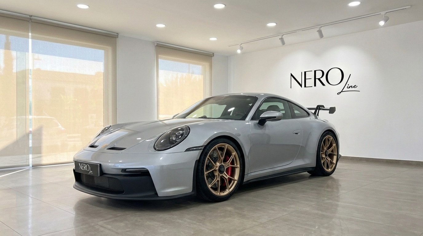 Porsche 992 GT3 — Luxus-Supersportwagenmiete auf Ibiza Der glänzend silberne metallic Porsche 992 GT3 wird in einer hellen Ibiza-Ausstellungshalle von vorne schräg gezeigt.