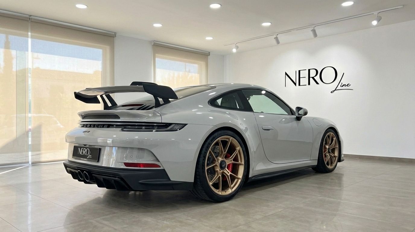 La Porsche 992 GT3 argento lucido metallizzato, con il suo prominente alettone posteriore a collo d'oca e cerchi dorati, è esposta in uno showroom a Ibiza.