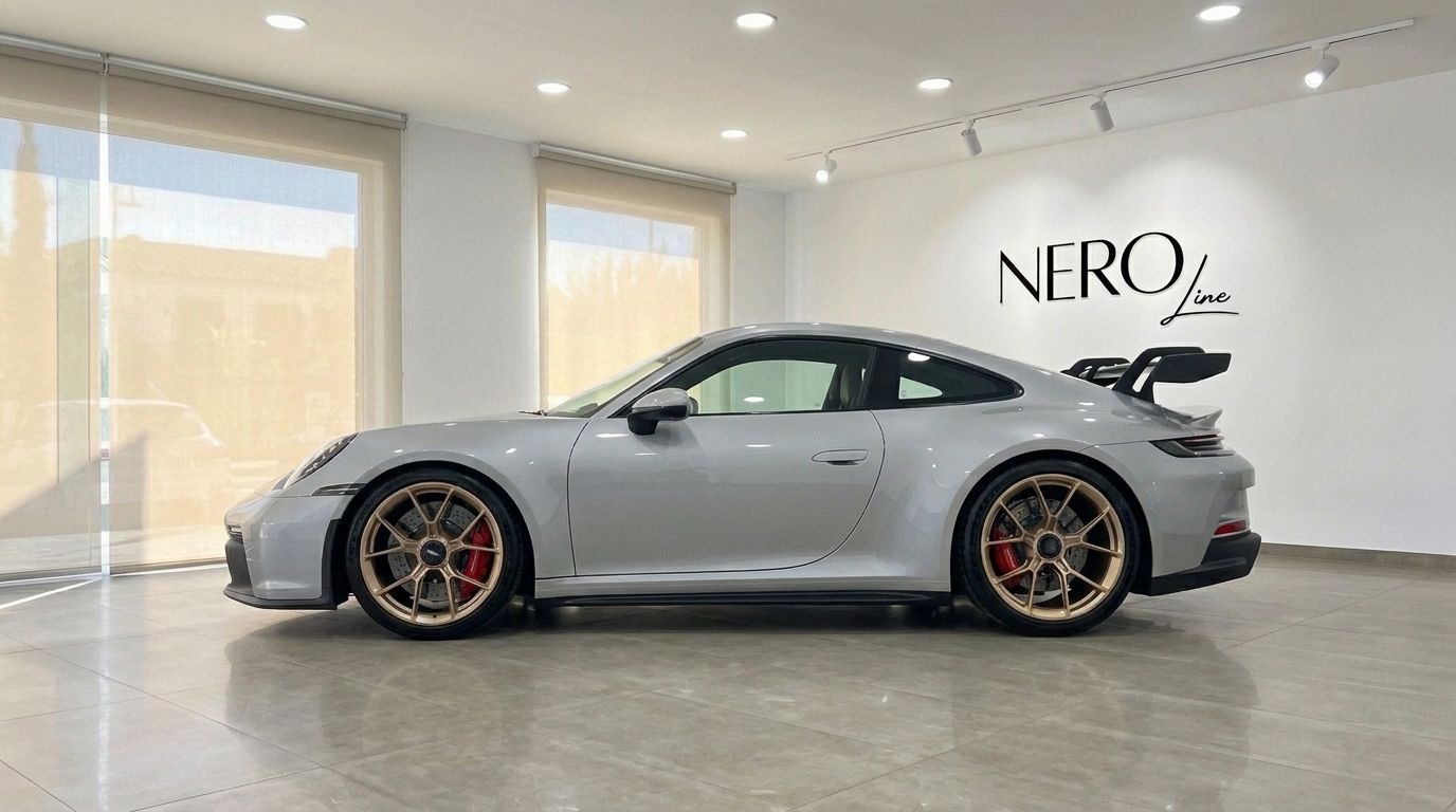 Una Porsche 992 GT3 argento del 2022 con cerchi dorati è parcheggiata di lato in un luminoso showroom a Ibiza.
