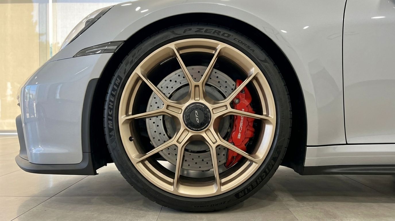 La ruota anteriore della Porsche 992 GT3 in argento metallizzato lucido, con cerchio dorato a razze multiple e pinza freno rossa, disponibile a Ibiza.
