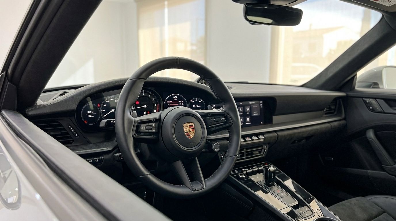 Il lussuoso abitacolo della Porsche 992 GT3 a Ibiza, con volante, cruscotto e console centrale in evidenza.