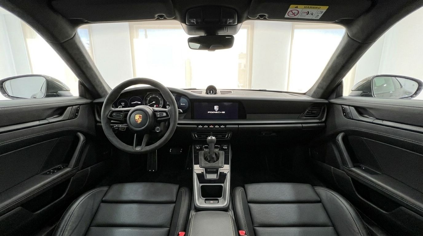 L'interno lussuoso in pelle nera e l'abitacolo orientato al guidatore della Porsche 992 GT3 a Ibiza, con volante e cruscotto.