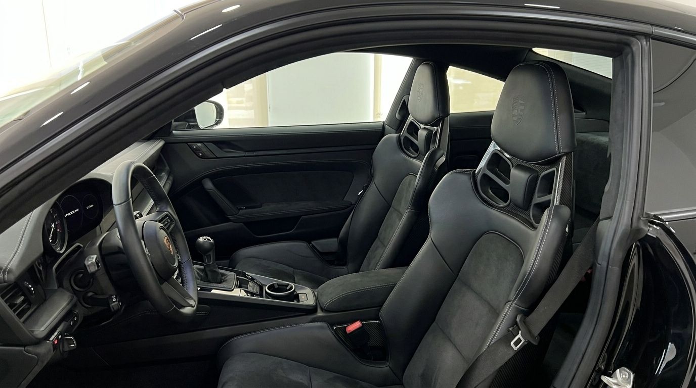 L'interno lussuoso in pelle nera e Alcantara della Porsche 992 GT3, con sedili sportivi e volante, disponibile a Ibiza.