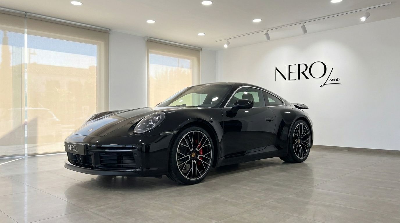 The sleek black Porsche Carrera 4S 992.2 Coupé is showcased in a modern Madrid showroom, highlighting its dynamic design.