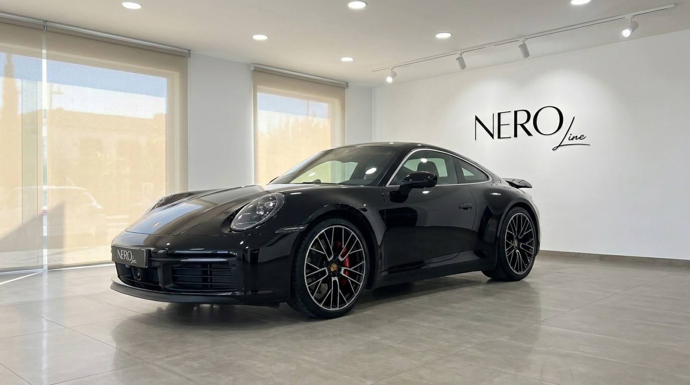 Porsche Carrera 4S 992.2 Coupé — Madrid Showroom The sleek black Porsche Carrera 4S 992.2 Coupé is showcased in a modern Madrid showroom, highlighting its dynamic design.