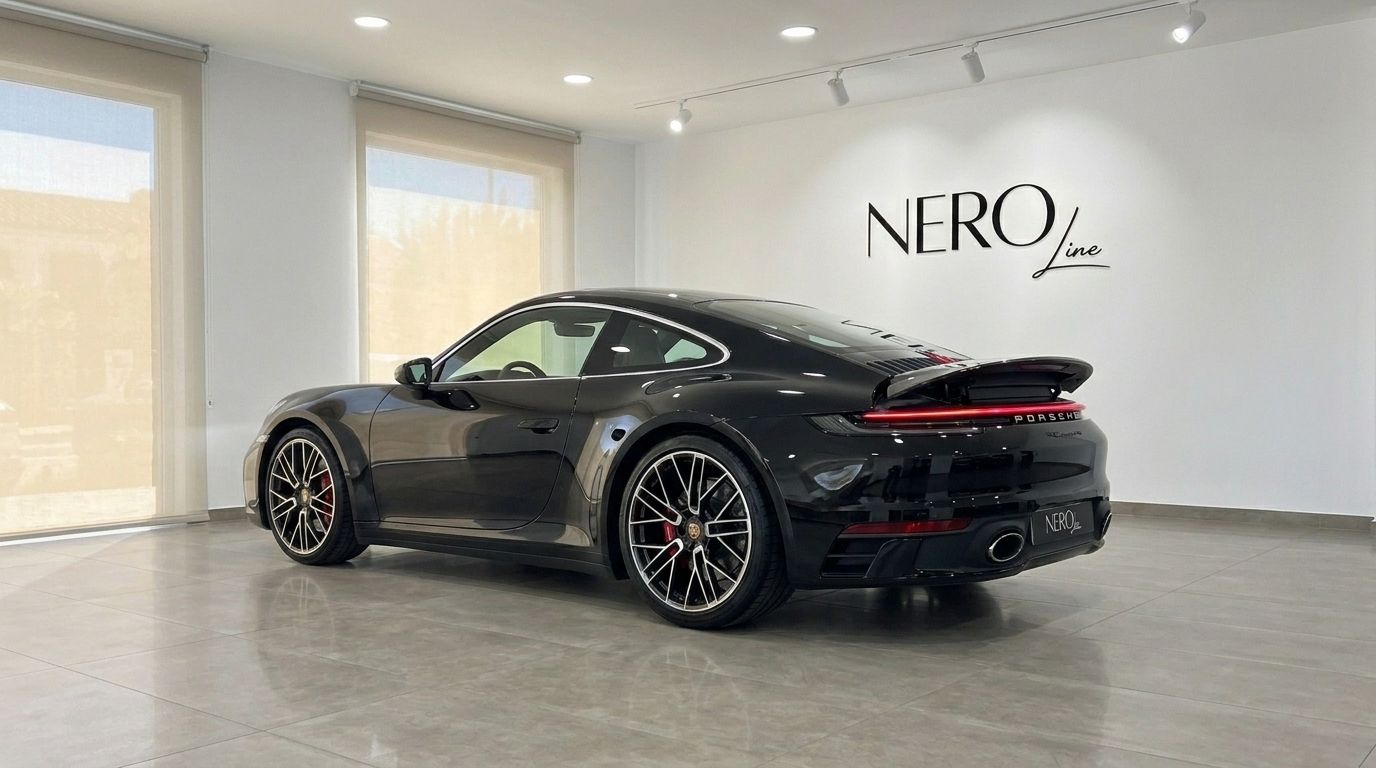The glossy black Porsche Carrera 4S 992.2 Coupé is showcased from a rear-three-quarter view in a bright Madrid showroom.