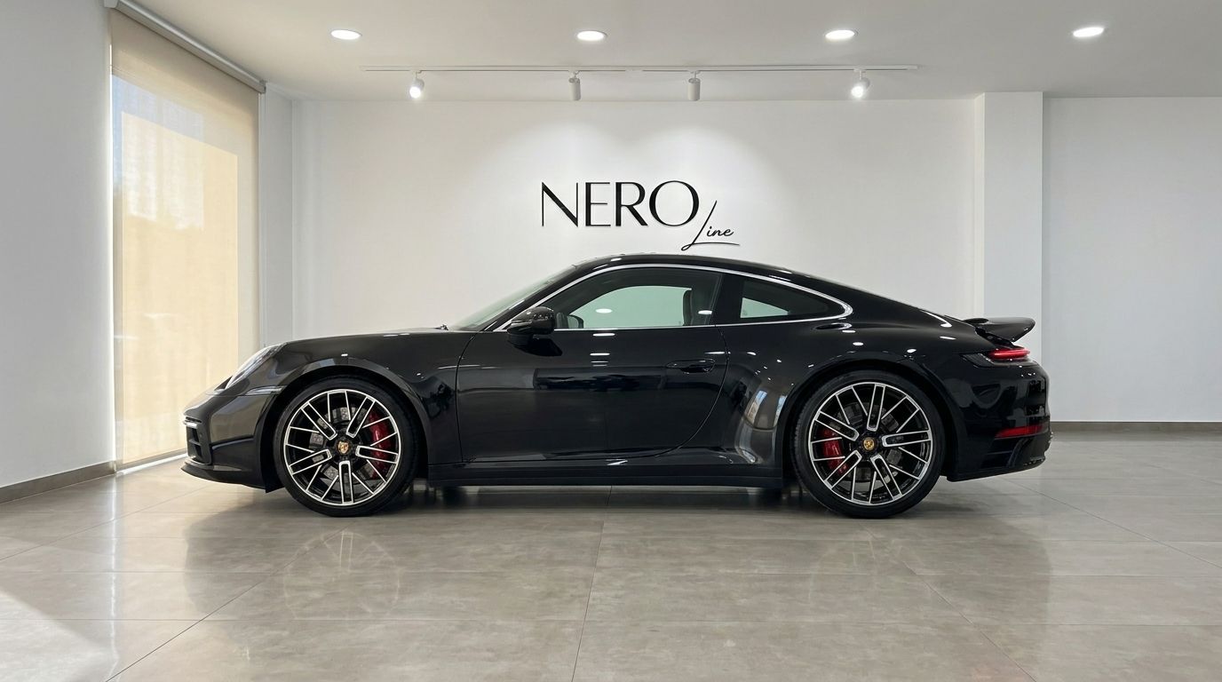 The gloss black Porsche Carrera 4S 992.2 Coupé is showcased in side profile within a modern showroom in Madrid.