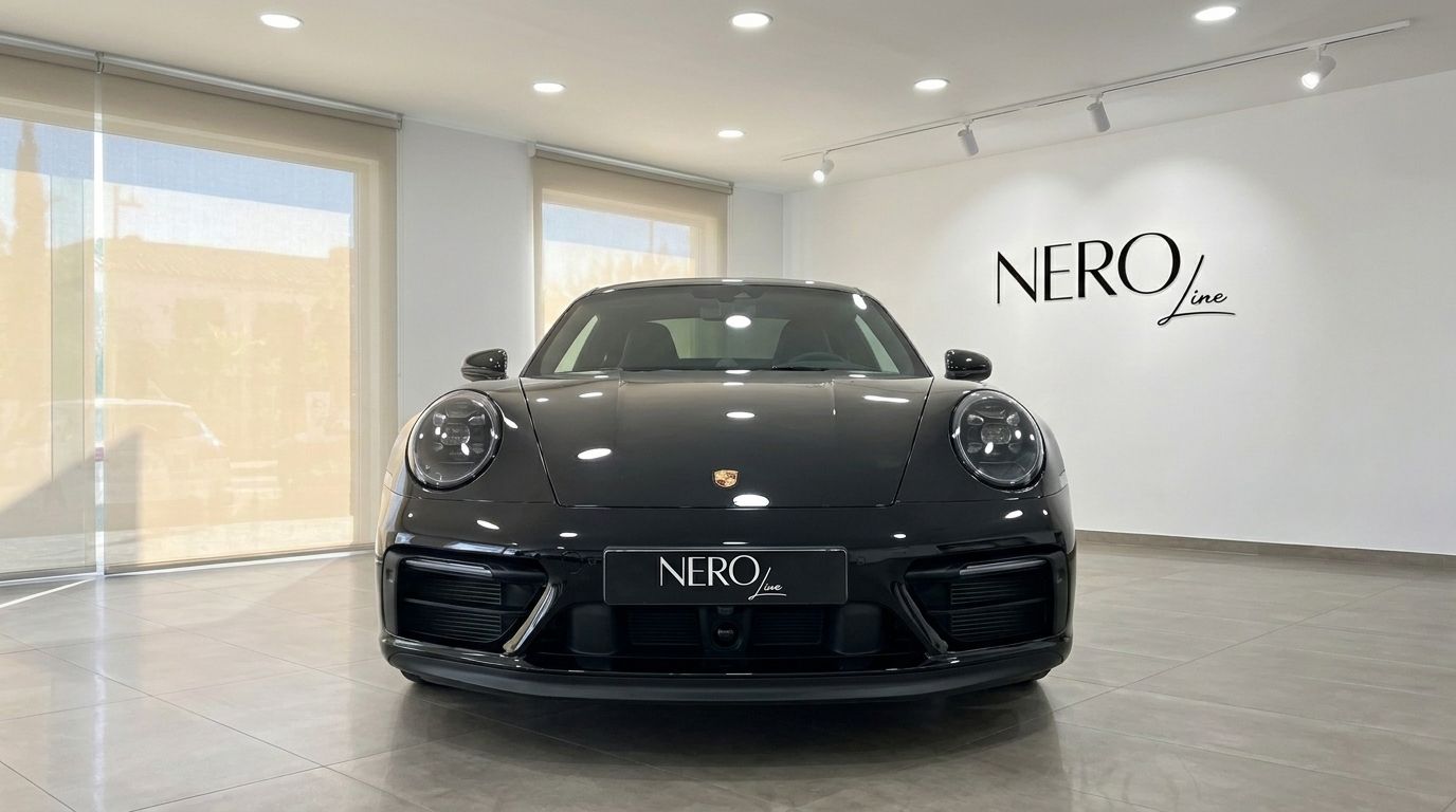 The black Porsche Carrera 4S 992.2 Coupé is shown from the front, parked in a showroom in Madrid.