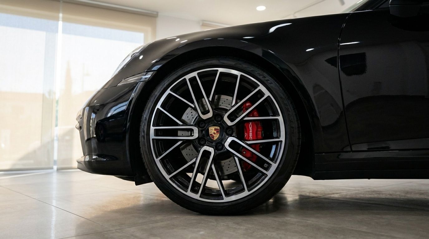 Close-up of the front wheel and fender of a black Porsche Carrera 4S 992.2 Coupé in Madrid, showcasing its distinctive rim design and red brake calipers.