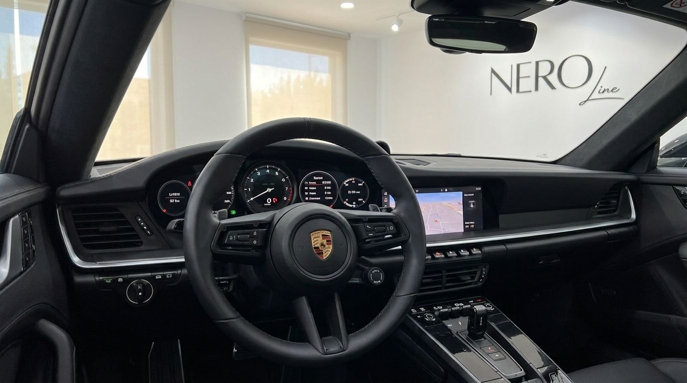 The luxurious black interior of the Porsche Carrera 4S 992.2 Coupé in Madrid, featuring the steering wheel, digital dashboard, and infotainment screen.