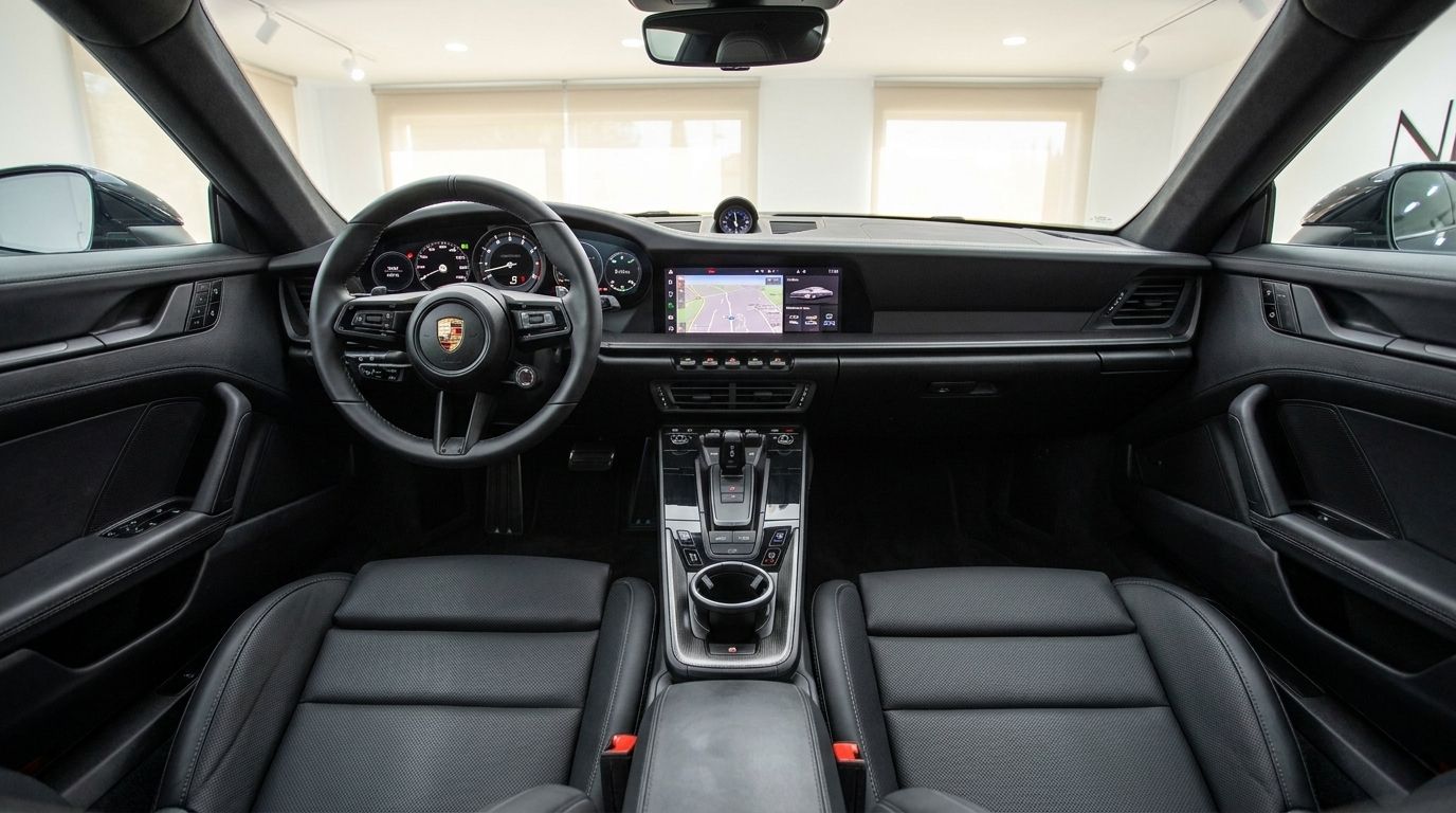 The interior of the Porsche Carrera 4S 992.2 Coupé in Madrid, featuring its black leather seats, steering wheel, and infotainment system.