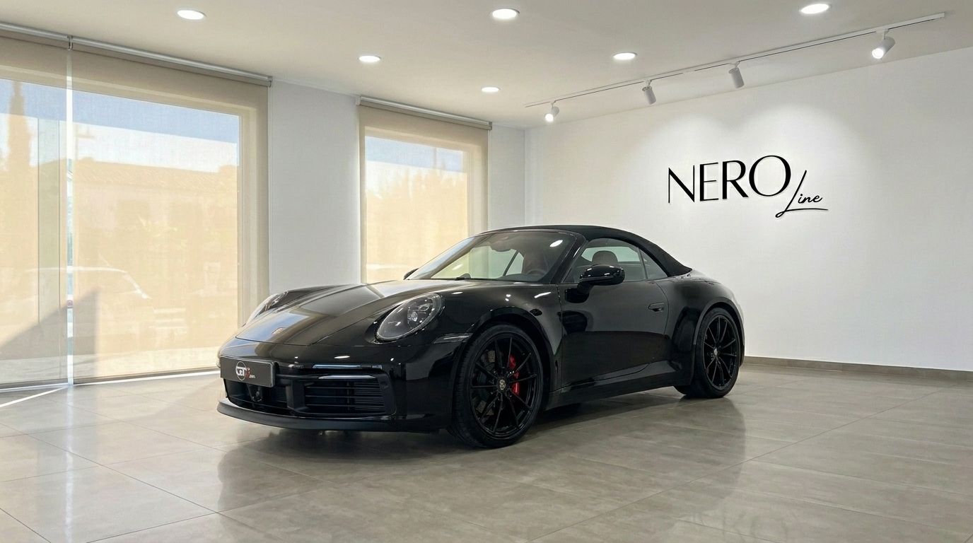 El Porsche Carrera 4S Convertible negro de 2021 se exhibe desde un ángulo frontal tres cuartos en un luminoso showroom de Madrid.