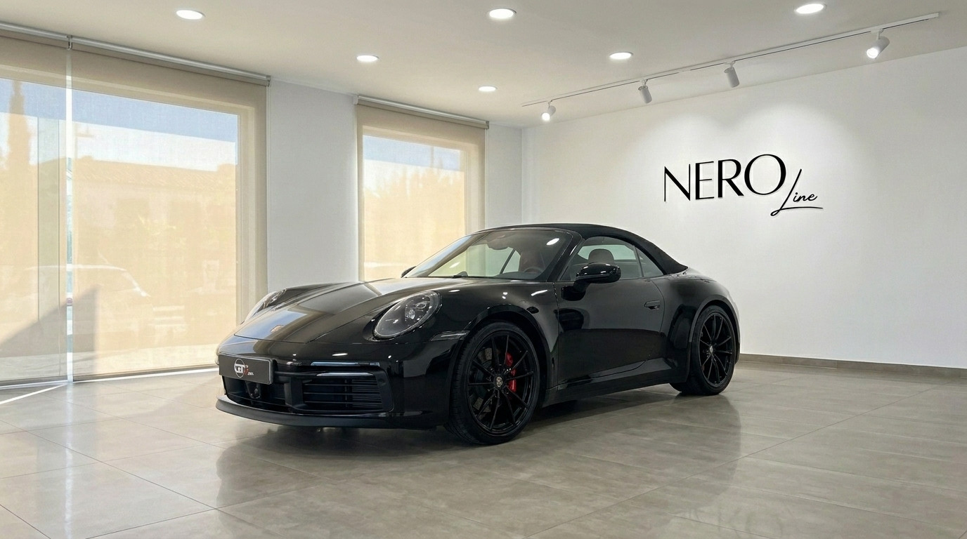 Porsche Carrera 4S Convertible — Showroom Madrid El Porsche Carrera 4S Convertible negro de 2021 se exhibe desde un ángulo frontal tres cuartos en un luminoso showroom de Madrid.