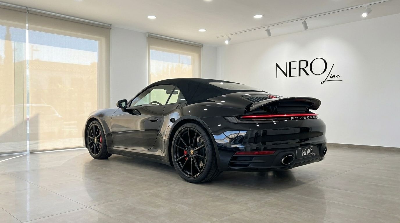 El Porsche Carrera 4S Convertible negro de 2021 se exhibe desde un ángulo trasero tres cuartos en un showroom en Madrid.