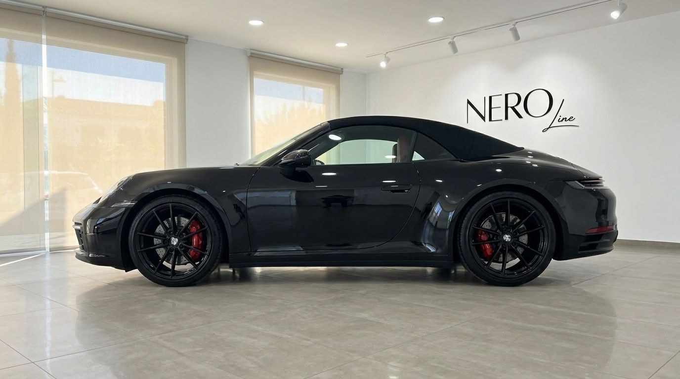 Un elegante Porsche Carrera 4S Convertible negro está estacionado en el interior, mostrando su perfil lateral en un showroom de NeroLine en Madrid.