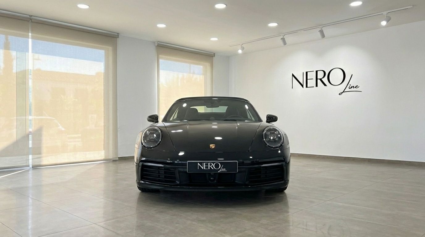 Vista frontal del Porsche Carrera 4S Convertible negro en un moderno showroom con el logo NEROline en la pared en Madrid.