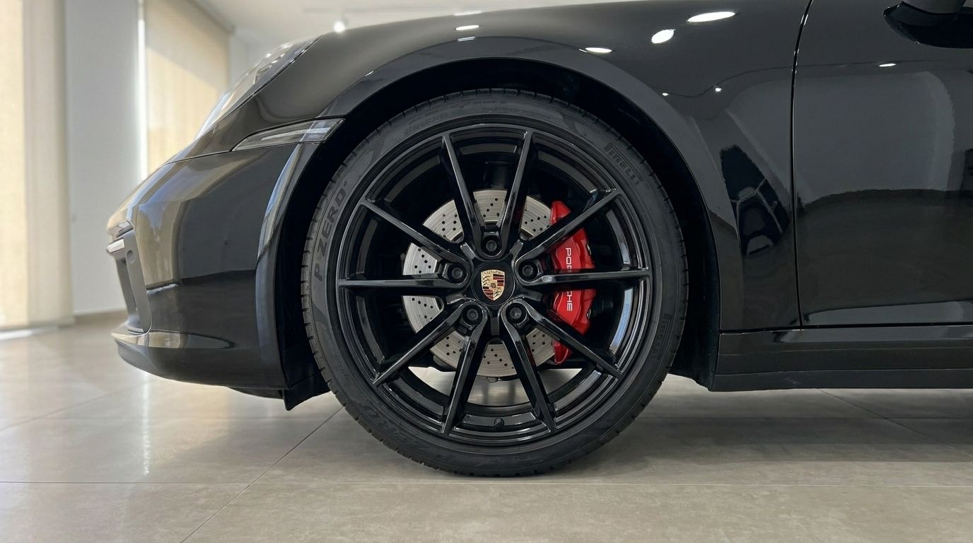 Rueda delantera del Porsche Carrera 4S Convertible negro brillante, mostrando la llanta negra y la pinza de freno roja en Madrid.