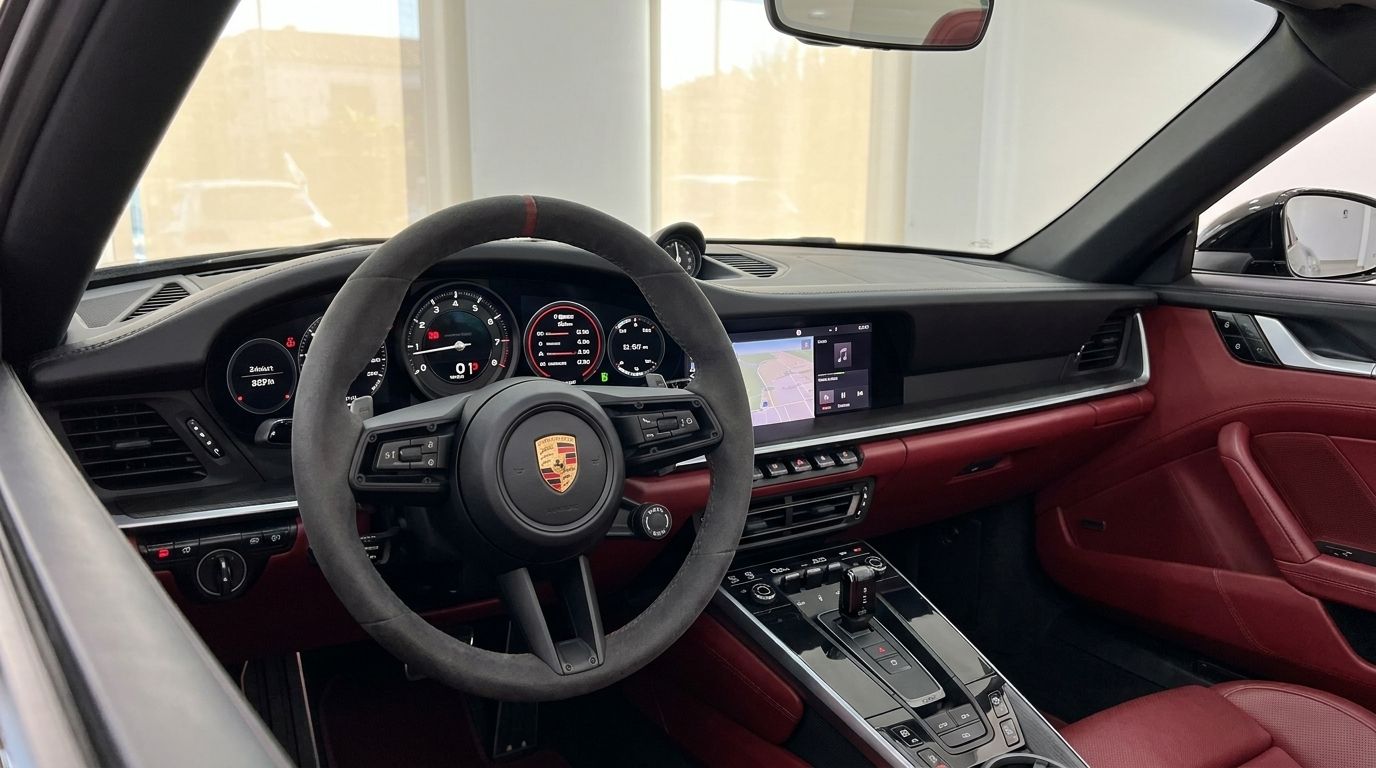 Vista del lujoso interior del Porsche Carrera 4S Convertible en Madrid, con volante, salpicadero y tapicería de cuero rojo.