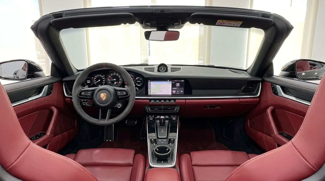 El lujoso interior del Porsche Carrera 4S Convertible en Madrid, con un salpicadero detallado y elegantes asientos de cuero rojo descapotado.