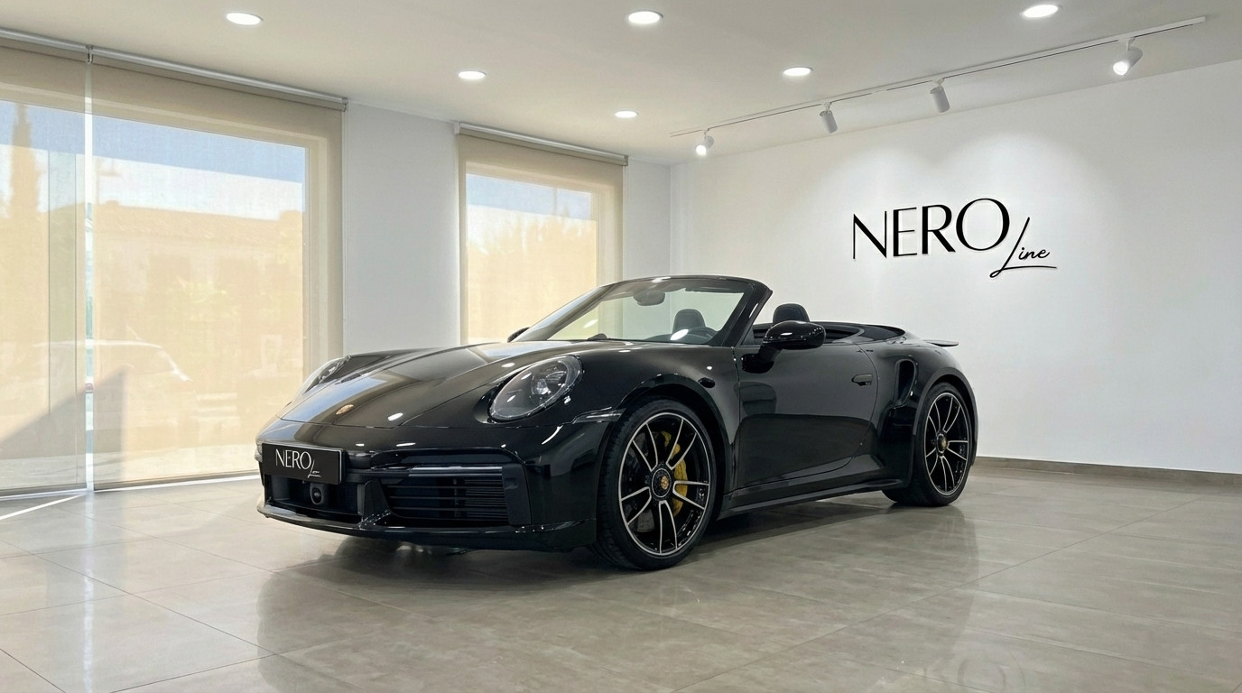 Porsche Carrera 911 Turbo S Cabrio 992 — Descapotable de lujo Porsche Carrera 911 Turbo S Cabrio 992 negro, un descapotable de lujo, mostrado desde un ángulo frontal tres cuartos en Madrid.