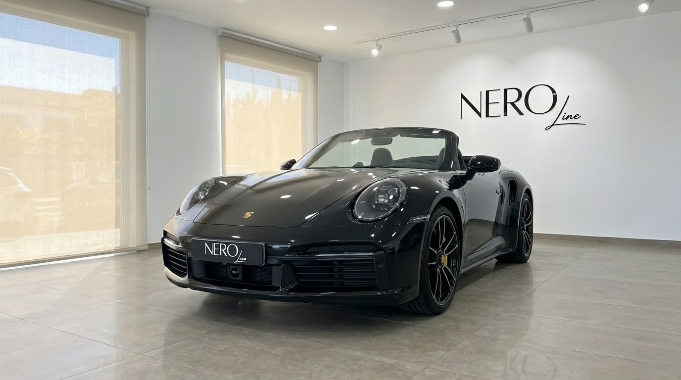 Un Porsche Carrera 911 Turbo S Cabrio 992 negro de 2023 está aparcado de tres cuartos delanteros en un showroom de Madrid.