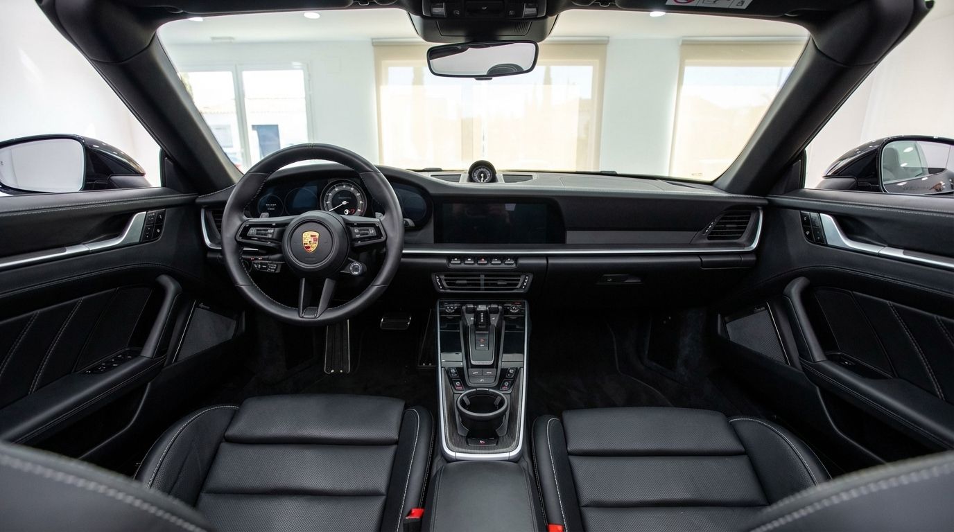 El lujoso interior de cuero negro y la moderna cabina del Porsche Carrera 911 Turbo S Cabrio 992 en Madrid.