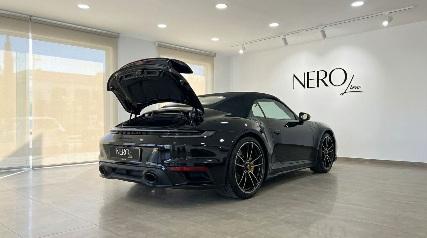 El Porsche Carrera 911 Turbo S Cabrio 992 negro se muestra desde la vista trasera tres cuartos con su cubierta de motor abierta en un concesionario de Madrid.