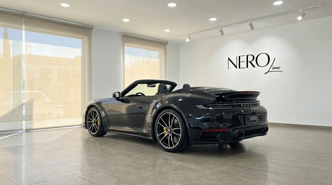 Porsche Carrera 911 Turbo S Cabrio 992 negro de 2023 visto desde la parte trasera tres cuartos en un concesionario de Madrid.