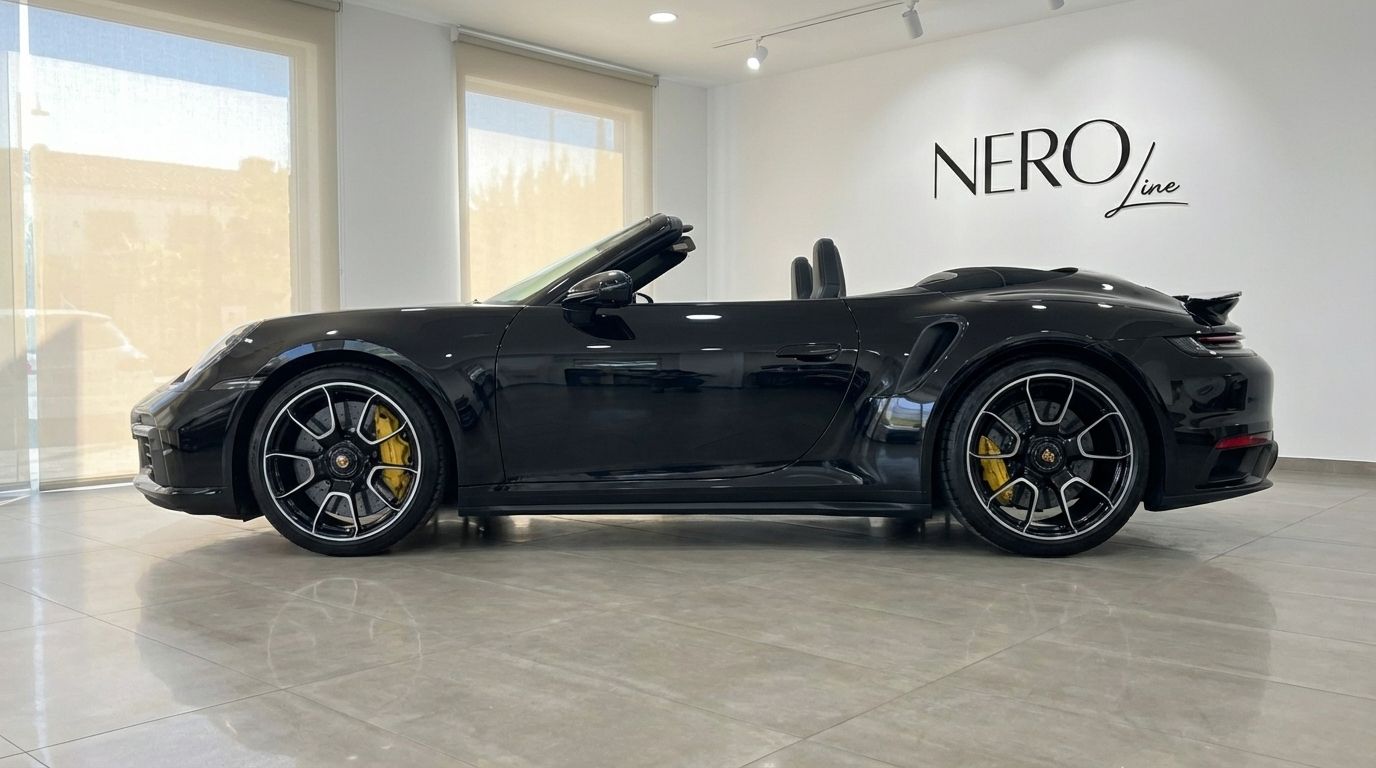 El Porsche Carrera 911 Turbo S Cabrio 992 negro se muestra de perfil con la capota bajada, estacionado en una sala de exposición en Madrid.