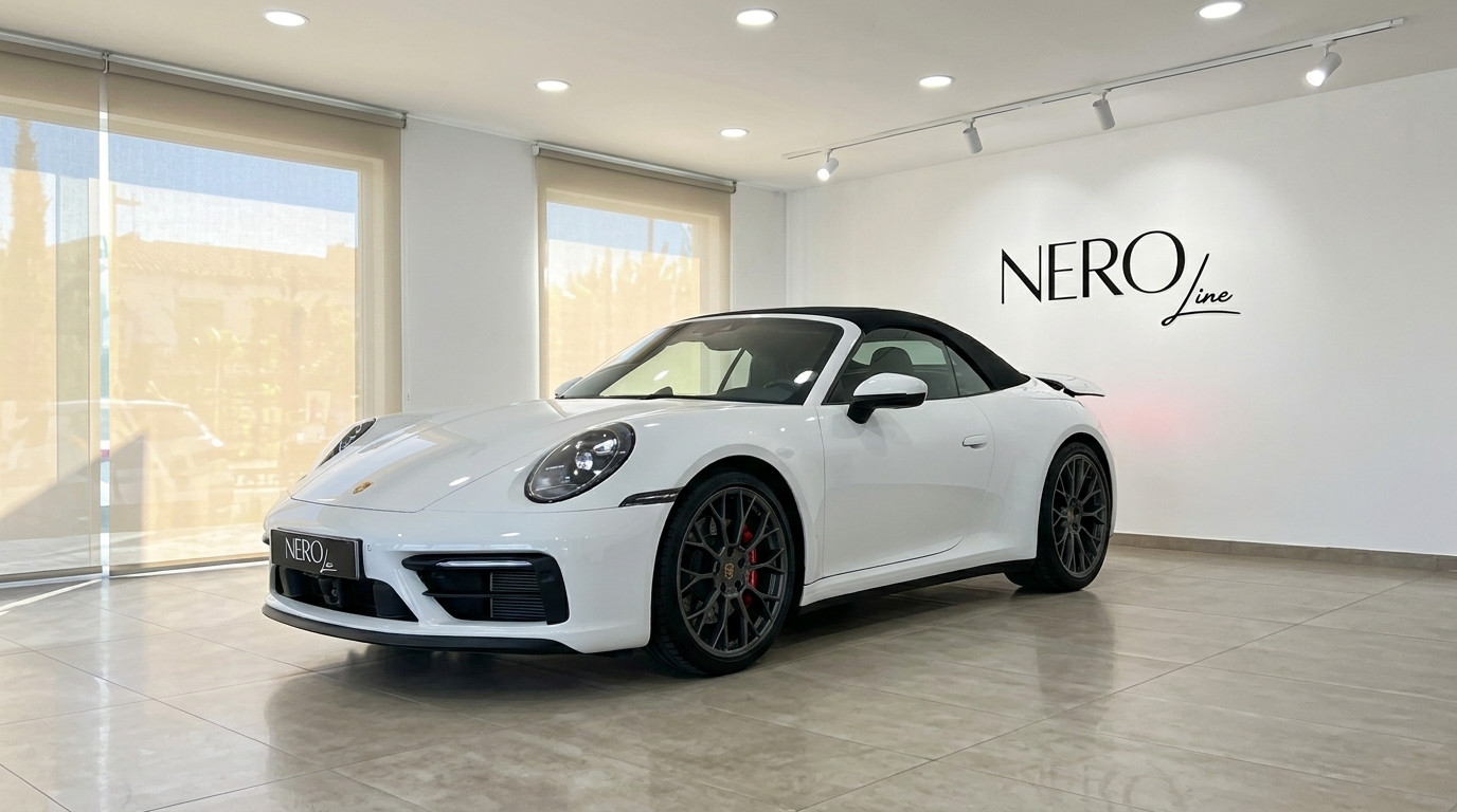 Porsche Carrera S Cabriolet 992.2 — Showroom Madrid Un Porsche Carrera S Cabriolet 992.2 blanco de 2025 está aparcado en un concesionario de Madrid, visto desde un ángulo tres cuartos delantero.
