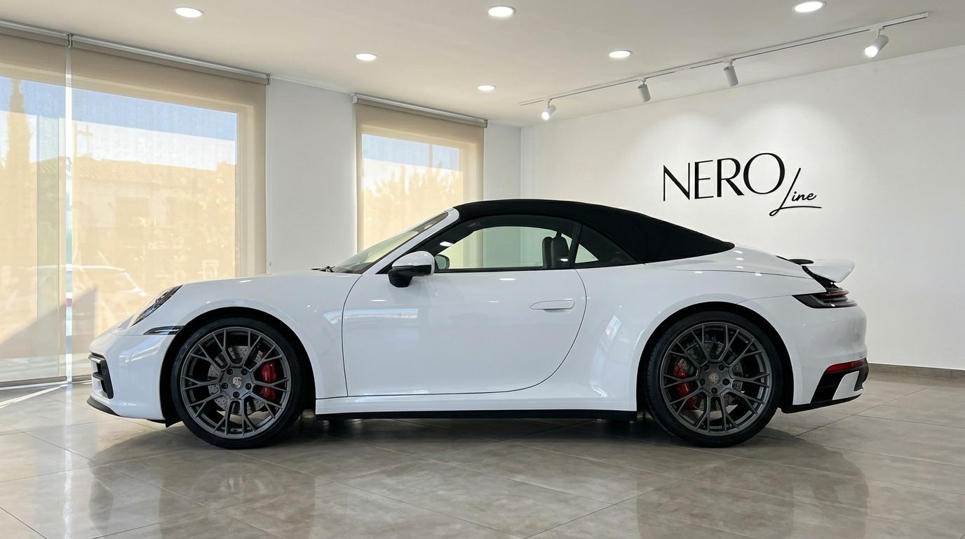 Une Porsche Carrera S Cabriolet 992.2 blanche avec sa capote noire relevée, présentée de profil dans un showroom à Madrid.