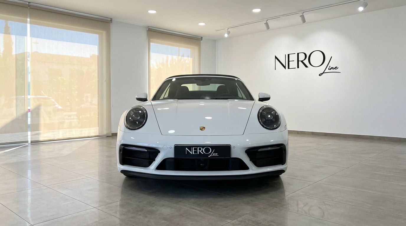Vue de face de la Porsche Carrera S Cabriolet 992.2 blanche exposée dans un showroom à Madrid.