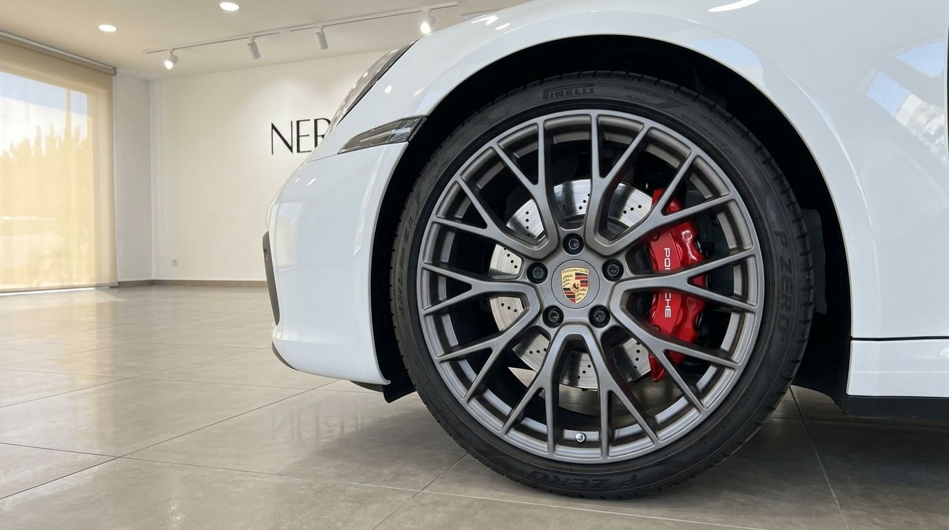 Gros plan de la roue avant de la Porsche Carrera S Cabriolet 992.2 avec étriers de frein rouges dans un showroom à Madrid.