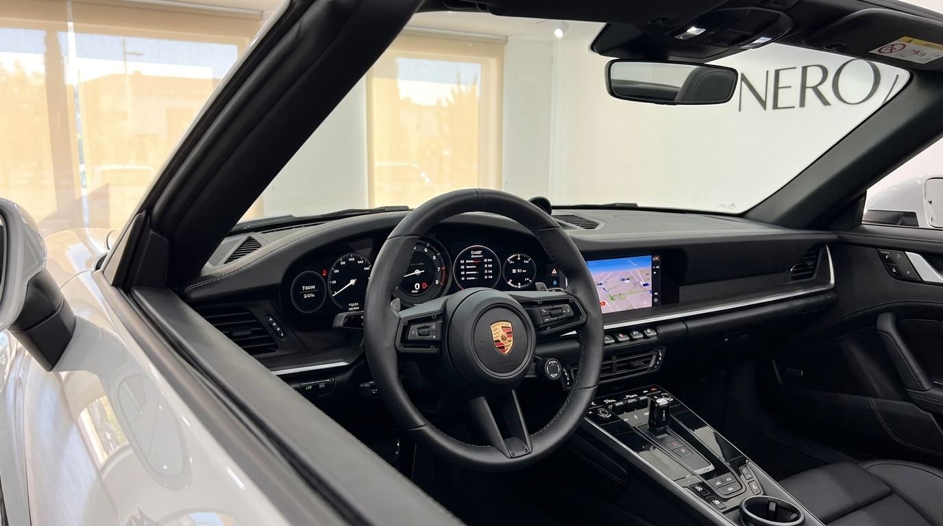 Vue intérieure de la Porsche Carrera S Cabriolet 992.2 à Madrid, avec volant en cuir noir, tableau de bord et écran d'infodivertissement.