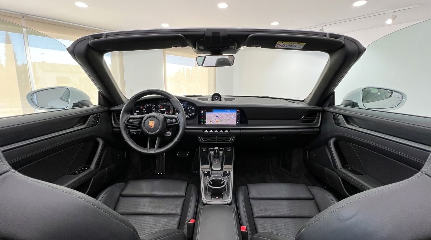 L'intérieur luxueux en cuir noir de la Porsche Carrera S Cabriolet 992.2, avec tableau de bord, volant et écran de navigation à Madrid.
