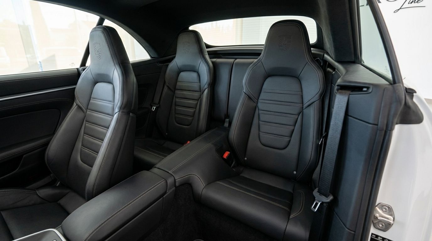 Les luxueux sièges arrière en cuir noir avec surpiqûres blanches et écussons Porsche du Porsche Carrera S Cabriolet 992.2 à Madrid.