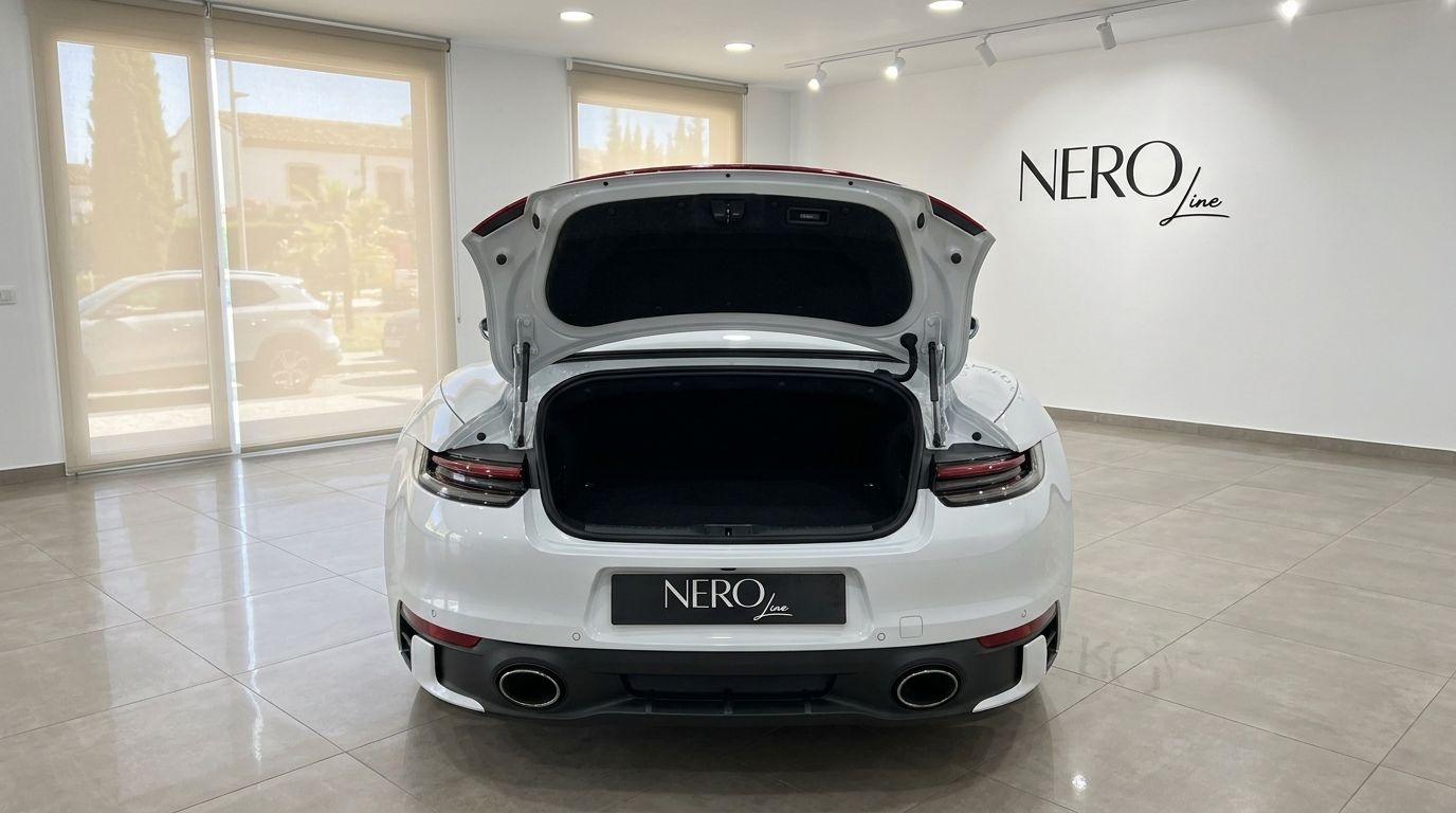 Vue arrière de la Porsche Carrera S Cabriolet 992.2 blanche avec son coffre ouvert, présentant l'espace de rangement dans un showroom à Madrid.
