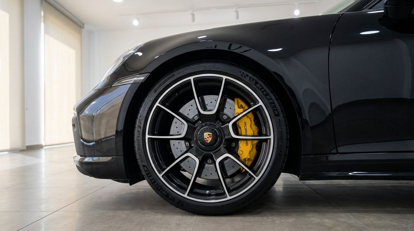 Primer plano de la rueda delantera del Porsche Carrera Turbo S Cabrio 992 negro con pinzas de freno amarillas en Madrid.