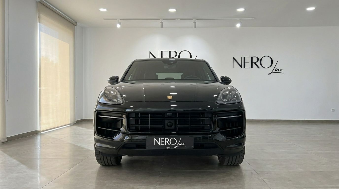 The black Porsche Cayenne 2026 luxury SUV is prominently displayed from the front in a bright showroom in Alicante.
